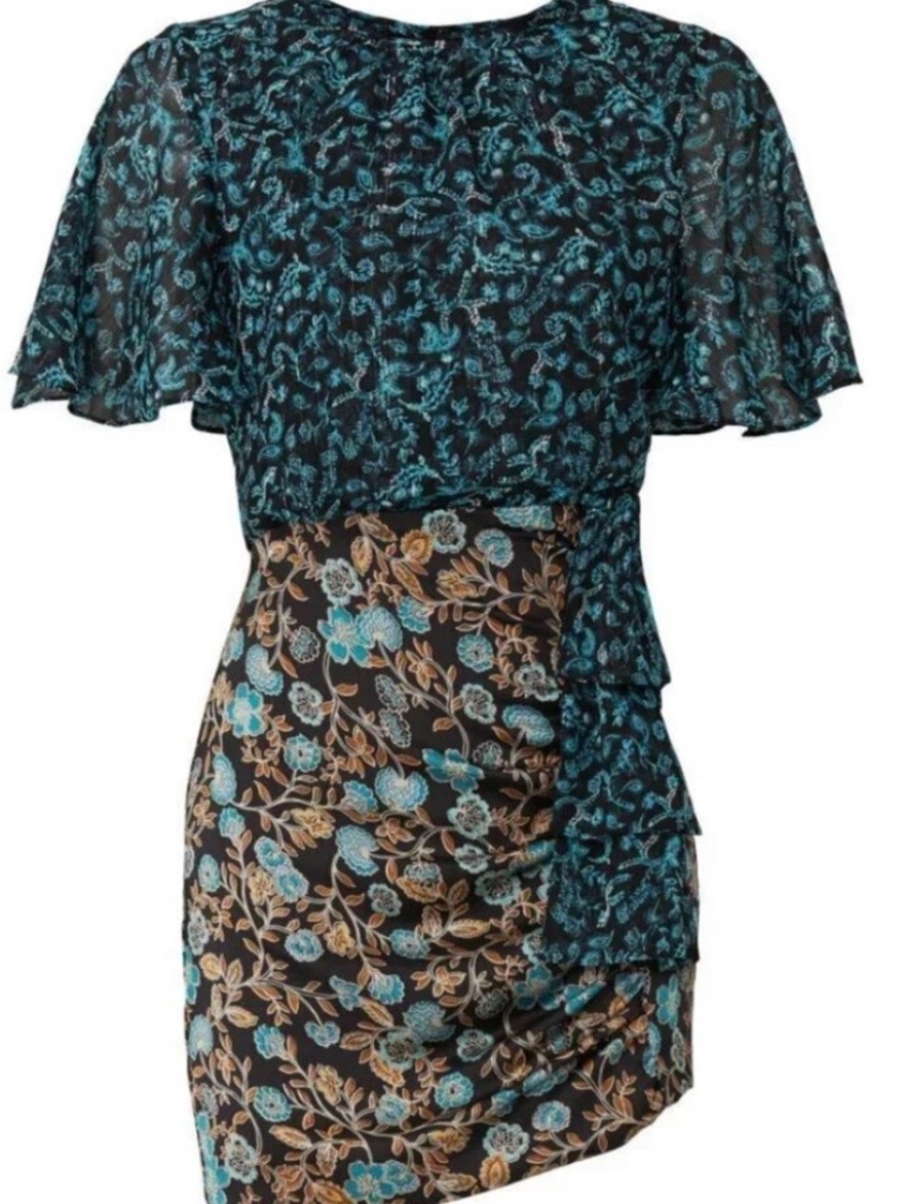 MISA Los Angeles Talia Mini Dress Black Teal Floral Print Ruched - Small